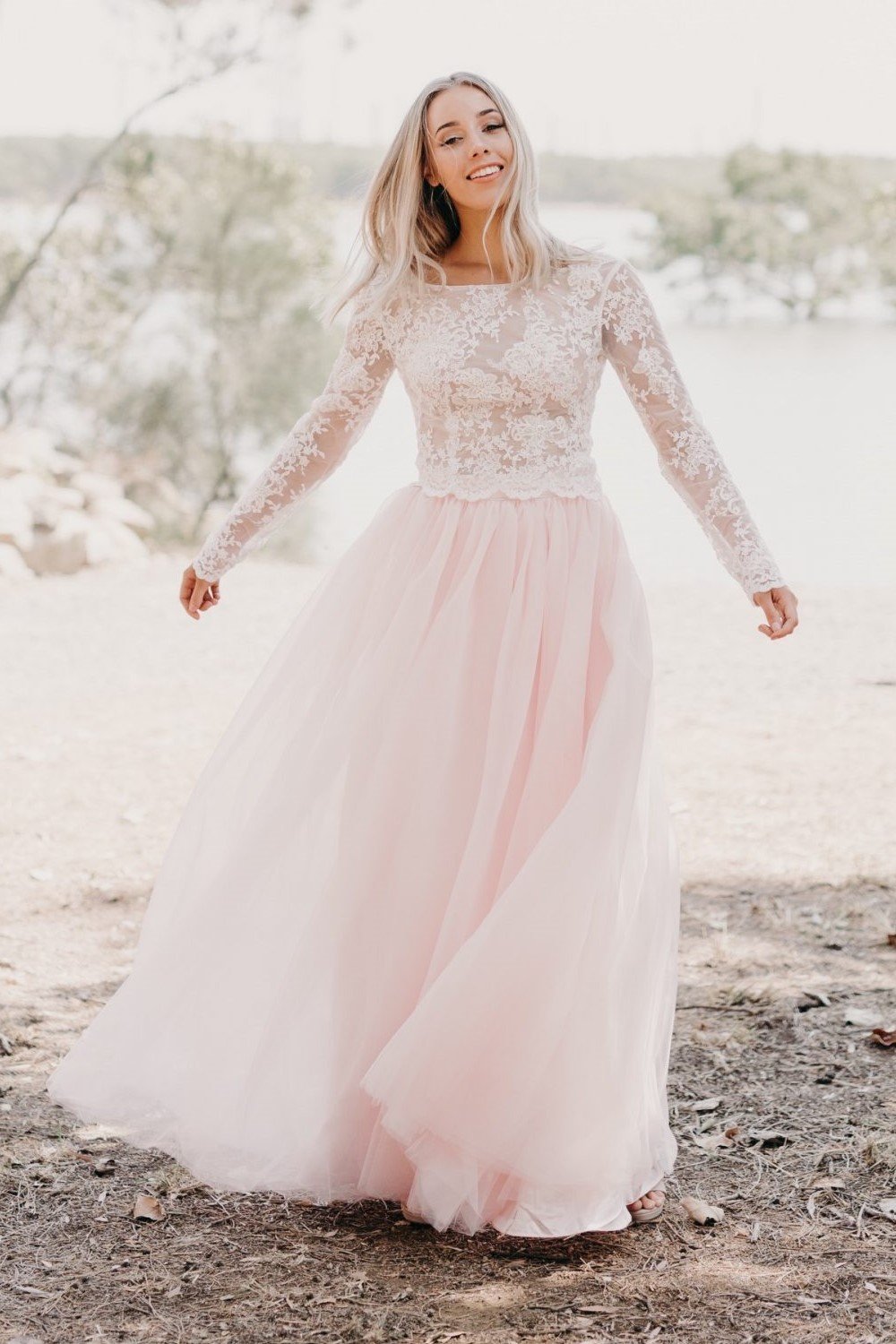 Ivory Lace Long sleeved Wedding Gown Light Pink Tulle Skirt NarsBridal