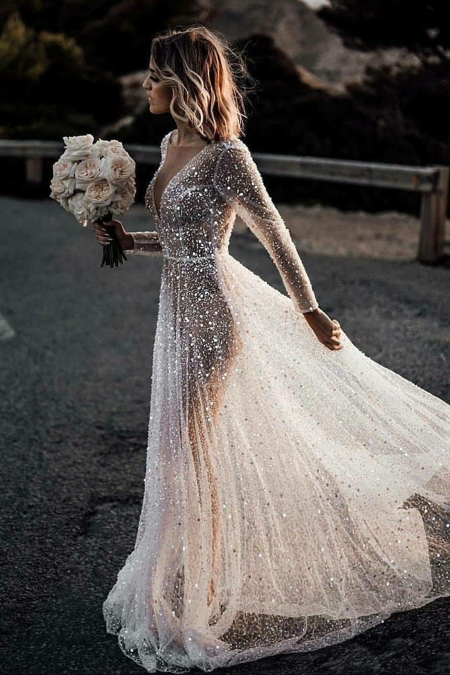 Luxury Rhinestones Wedding Dress with Illusion Long Sleeves NarsBridal