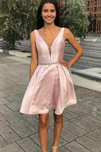 Plunging V neckline Light Pink Homecoming Dress Short Patterns NarsBridal