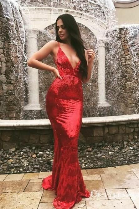 Red Fitted Mermaid Prom dresses