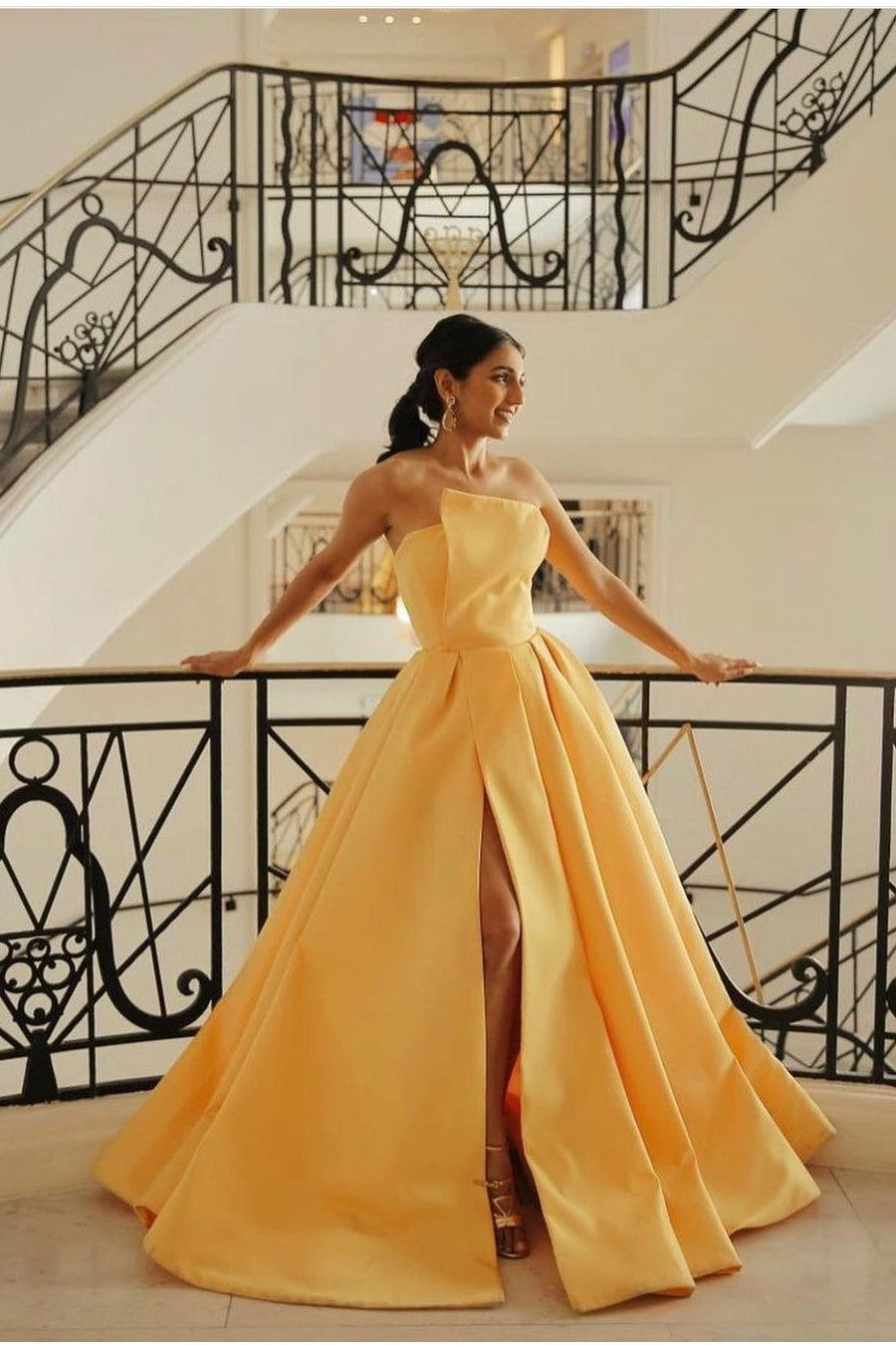 A-line Yellow Prom Gown with High Split Side