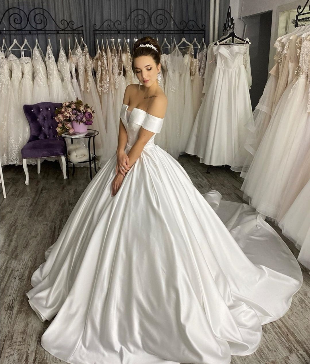 Structured Satin Ball Gown Wedding Dress with Off-the-shoulder Sleeves ...