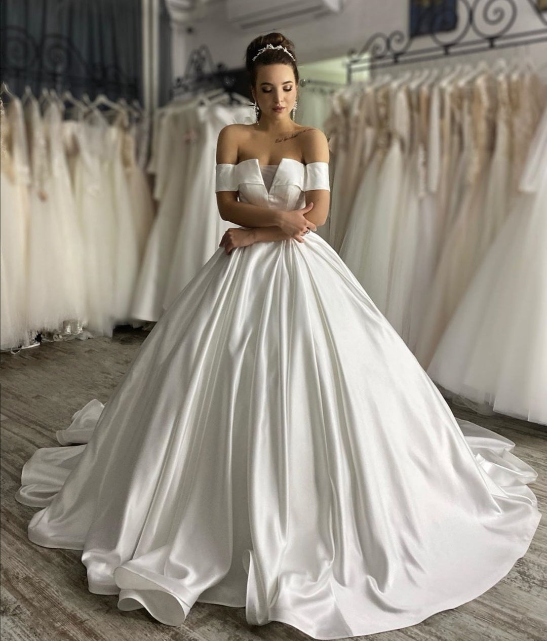 Structured Satin Ball Gown Wedding Dress with Off-the-shoulder Sleeves ...